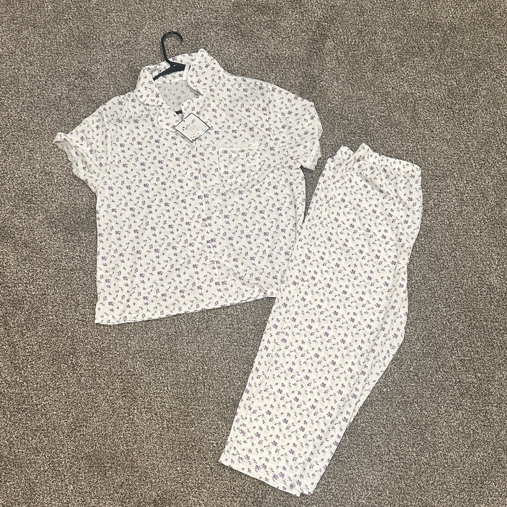 Women's White Pajama Set with Purple Floral Print